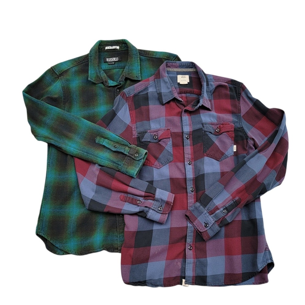 Vans Ezekiel Plaid Flannel Button Down Shirts Lot of 2 Mens Large Skater Grunge